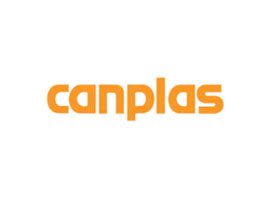 A white and orange logo for canplas
