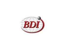 A red and white logo of bdi