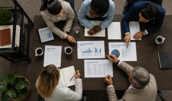 Five people in business attire sit around a table discussing documents with charts, graphs, and data related to salaries, the $50,000 Range Rule, and how employers handle this difficult question. Notebooks, coffee cups, and a potted plant are also on the table.