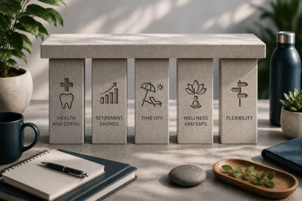 A stone structure with five pillars, each labeled with icons and text: Health and Dental, Retirement Savings, Time Off, Wellness and EAPs, and Flexibility. Nearby are office supplies, a water bottle, and plants.