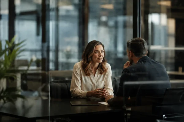 A woman and a man sit across from each other at a table in a modern office, having a conversation. The woman is speaking and smiling, while the man listens attentively. They are separated by a glass partition.