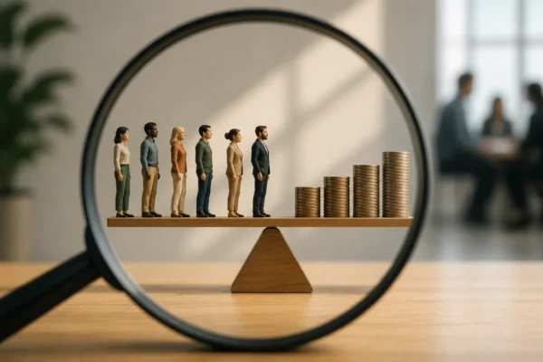 A magnifying glass focuses on figurines of diverse people standing on a seesaw balanced with stacks of coins, symbolizing pay gap, equality, and economic disparity in the workplace.