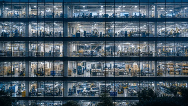 A glass-walled multi-story building shows busy workers inside, illuminated by bright lights, with shelves of boxes and equipment on each floor, suggesting a large, active warehouse or factory operating in line with employer benchmark data and projected Ontario shift premium rates for 2026.