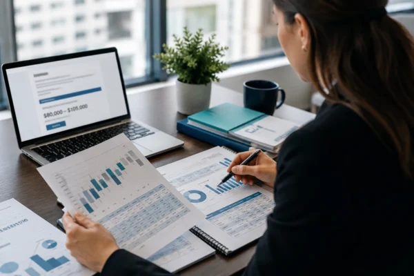 A woman sits at a desk analyzing financial charts and graphs on paper, with a laptop displaying data, a notebook, coffee mug, and a small potted plant beside her.