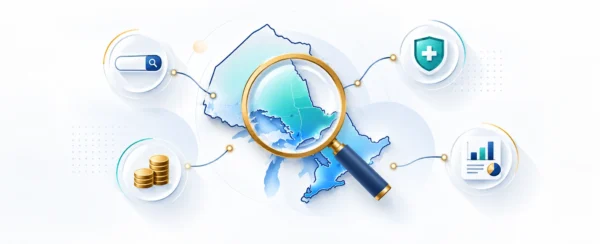 A magnifying glass over a map of Ontario, surrounded by icons representing a search bar, a medical shield, gold coins, and a bar chart.