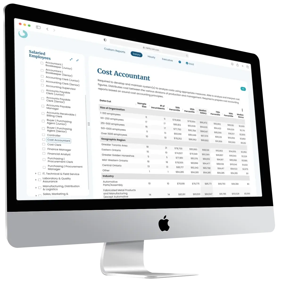 A desktop computer displays a cost accountant report, showing a detailed salary comparison by region, employee count, and industry categories in a spreadsheet format. The screen features a navigation sidebar and data tables.