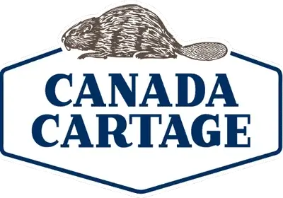 Logo of Canada Cartage featuring a beaver above the company name in large blue letters, all set within a white, hexagonal badge outlined in blue—symbolizing trust and reliability in employee compensation.