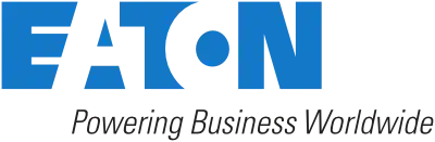 The image shows the Eaton logo in blue and black. The blue letters "EATON" are stylized, with parts of each letter missing as if cut out. Below, "Powering Business Worldwide" is written in black, reflecting Eaton’s commitment to employee compensation excellence.