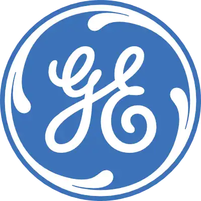 A blue circle with the white cursive letters "GE" in the center, surrounded by decorative white swirls; this is the General Electric (GE) company logo, recognized in industries for its leadership in employee benefits and compensation management.