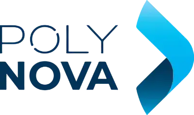 Logo with the words "POLY NOVA" in bold blue letters, accompanied by a stylized blue, folded ribbon-like design to the right—ideal for businesses focused on salary benchmarking or employee compensation solutions.