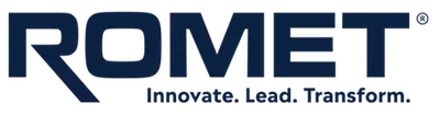 Logo for the company ROMET with the tagline "INNOVATION. PRECISION. TRUST." in dark blue letters on a transparent background, ideal for businesses focused on compensation management or employee benefits.
