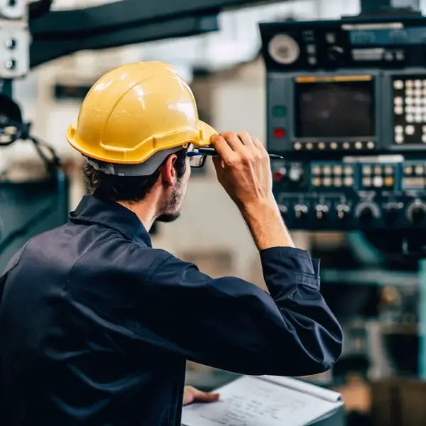 A worker wearing a yellow hard hat and safety glasses operates a control panel in an industrial setting, holding a clipboard for salary benchmarking and adjusting his glasses while monitoring the machine.