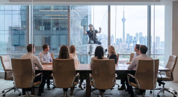 A window washer cleans the outside of a large glass window while eight people sit around a conference table in an office, perhaps engaged in employee compensation discussions, with a city skyline visible in the background.