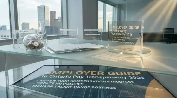 A modern office desk displays documents, coins in a glass jar, a pen, and a sign reading "EMPLOYER GUIDE to Ontario Pay Transparency 2026" with guidelines on compensation benchmarking for Ontario employers. City buildings are visible through the window.