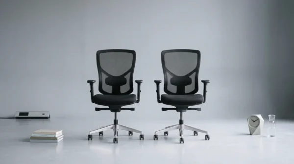 Two black ergonomic office chairs with mesh backs sit side by side in a minimalistic room, where stacked books, a clock, an hourglass, and a device evoke discussions on retention pay against a grey wall.