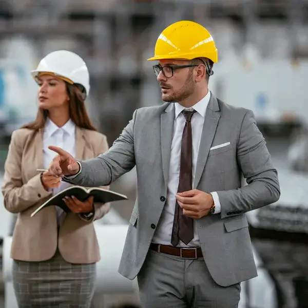 Two professionals in suits and safety helmets are at a construction site. The man in front points ahead while the woman behind him, focused on employee compensation, holds a notebook and pen, looking in a different direction.